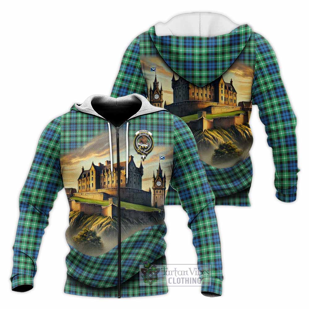 Tartan Vibes Clothing Graham Tartan Family Crest Knitted Hoodie with Scottish Ancient Castle Style