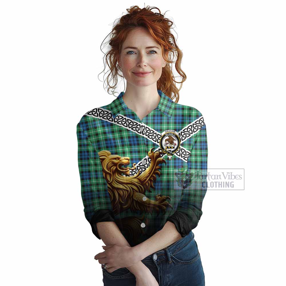 Tartan Vibes Clothing Graham Crest Tartan Women's Casual Shirt with Golden Lion Emblem Celtic Style