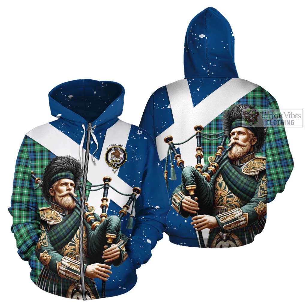 Tartan Vibes Clothing Graham Tartan Cotton Hoodie with Family Crest Scottish Bagpiper Vibes