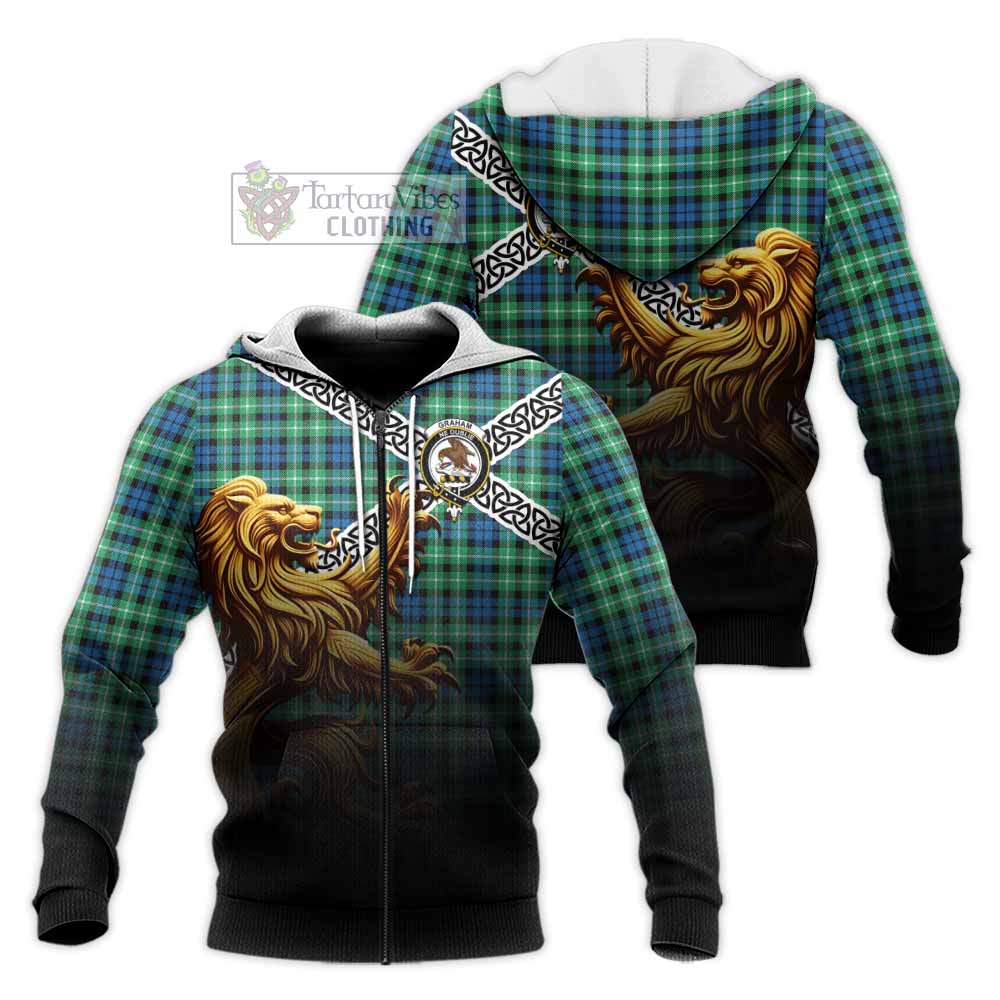 Tartan Vibes Clothing Graham Crest Tartan Knitted Hoodie with Golden Lion Emblem Celtic Style