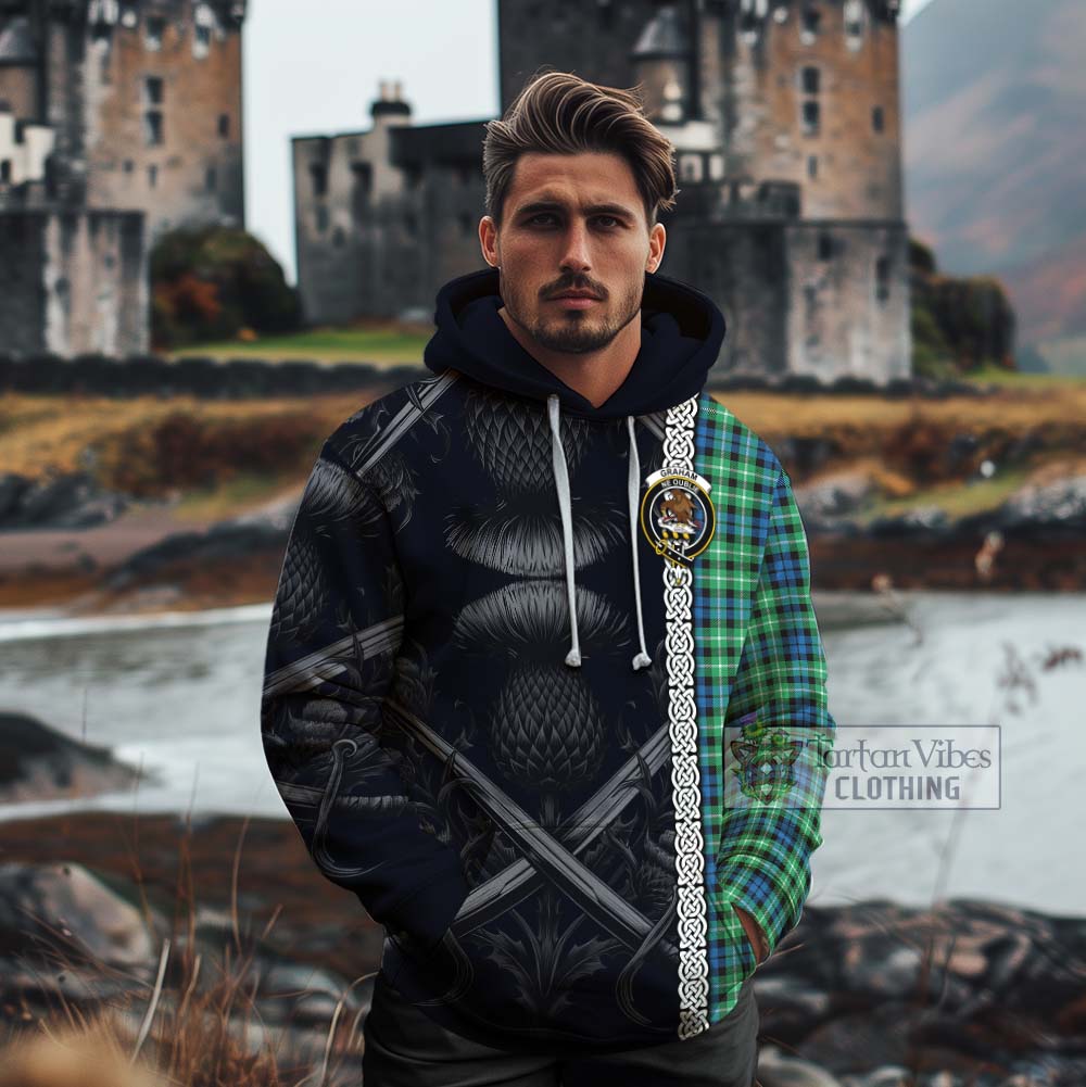 Tartan Vibes Clothing Graham Tartan Cotton Hoodie with Family Crest Cross Sword Thistle Celtic Vibes