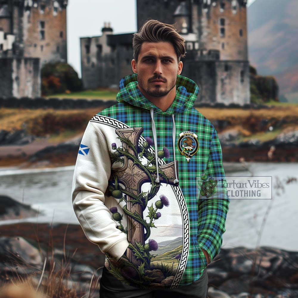 Tartan Vibes Clothing Graham Tartan Cotton Hoodie with Family Crest and St. Andrew's Cross Accented by Thistle Vines