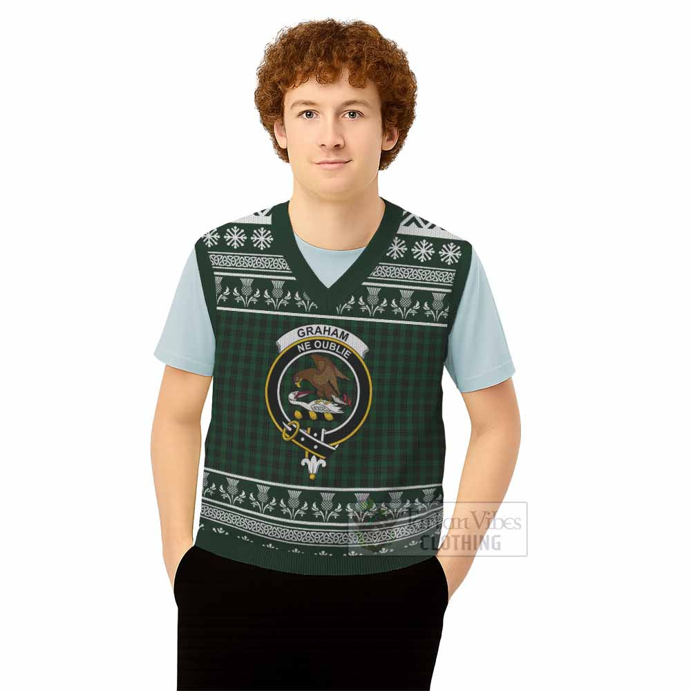 Graham Clan Tartan Christmas Knitted V-Neck Vest with Family Crest - Tartan Vibes Clothing