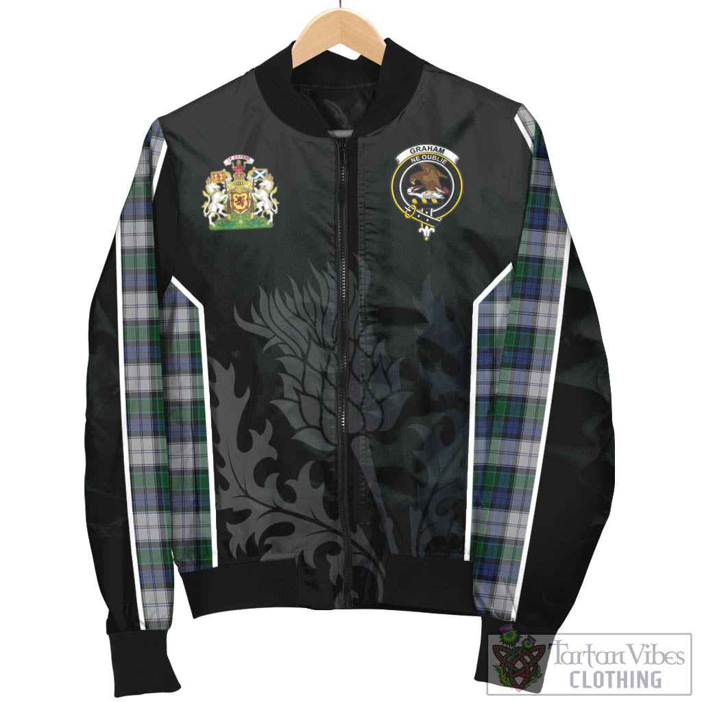 Tartan Vibes Clothing Graham Dress Tartan Bomber Jacket with Family Crest and Scottish Thistle Vibes Sport Style