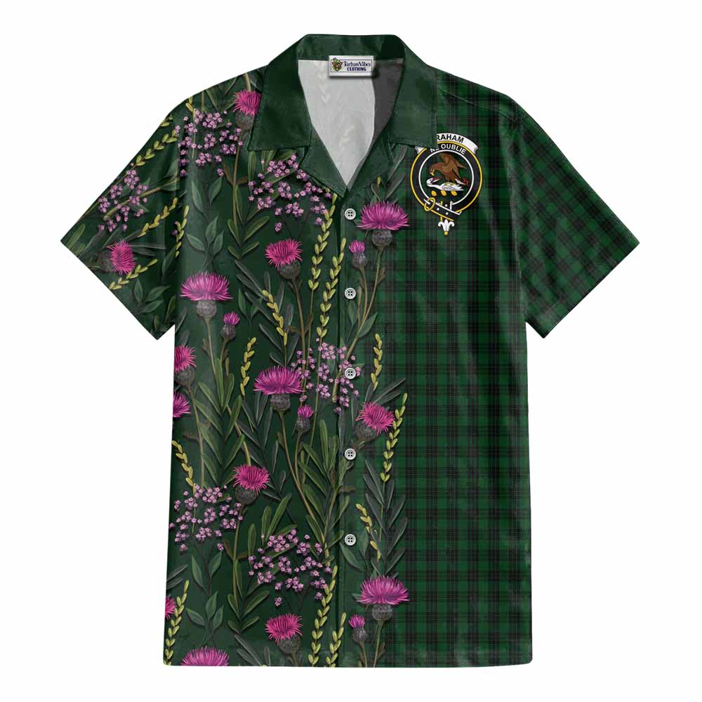 Graham Family Crest Tartan Cotton Hawaiian Shirt Scottish Thistle Flower Pattern Half Style - Tartan Vibes Clothing