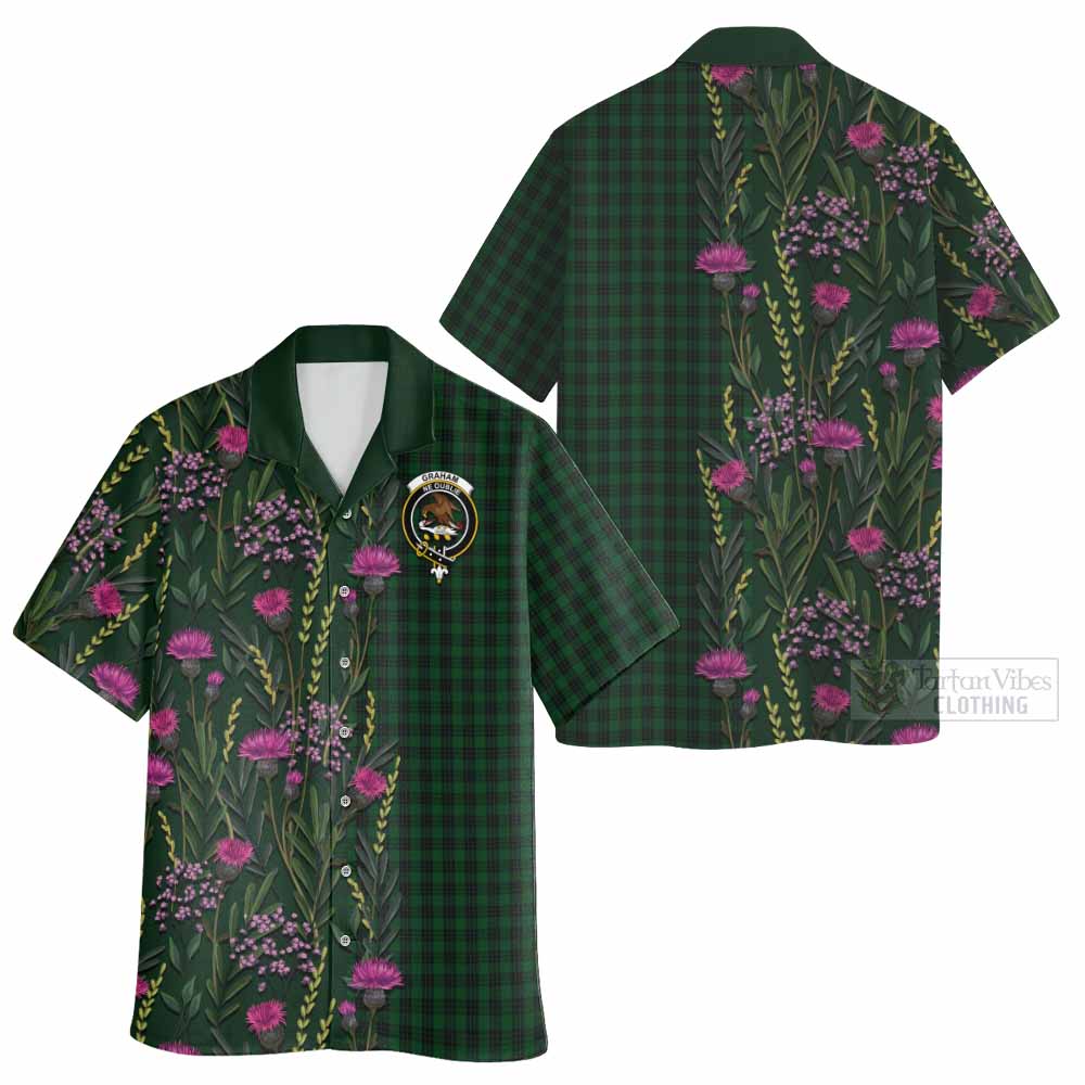 Graham Family Crest Tartan Hawaiian Shirt Scottish Thistle Flower Pattern Half Style - Tartan Vibes Clothing