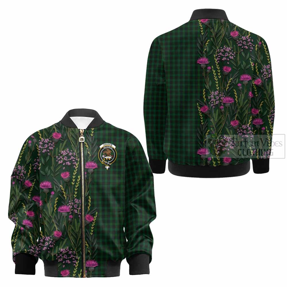 Graham Family Crest Tartan Kid Bomber Jacket Scottish Thistle Flower Pattern Half Style - Tartan Vibes Clothing