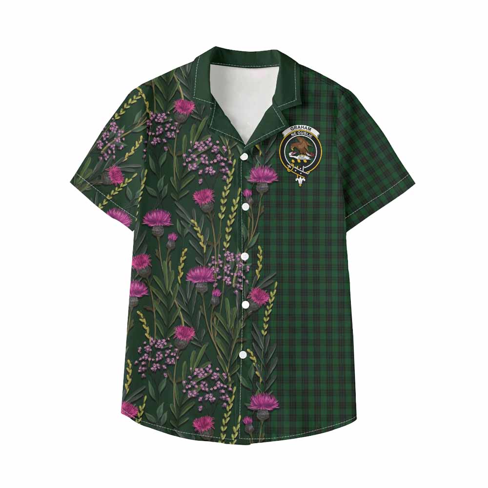 Graham Family Crest Tartan Kid Hawaiian Shirt Scottish Thistle Flower Pattern Half Style - Tartan Vibes Clothing