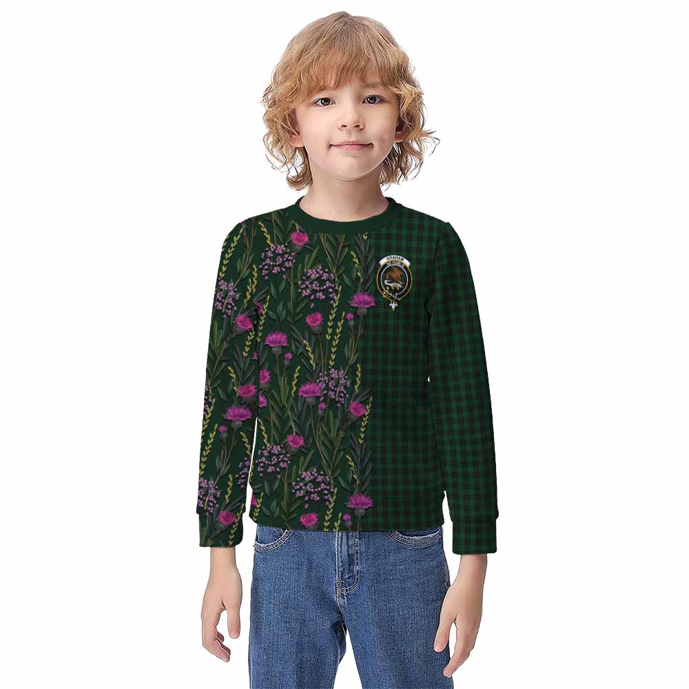 Graham Family Crest Tartan Kid Knitted Sweatshirt Scottish Thistle Flower Pattern Half Style - Tartan Vibes Clothing