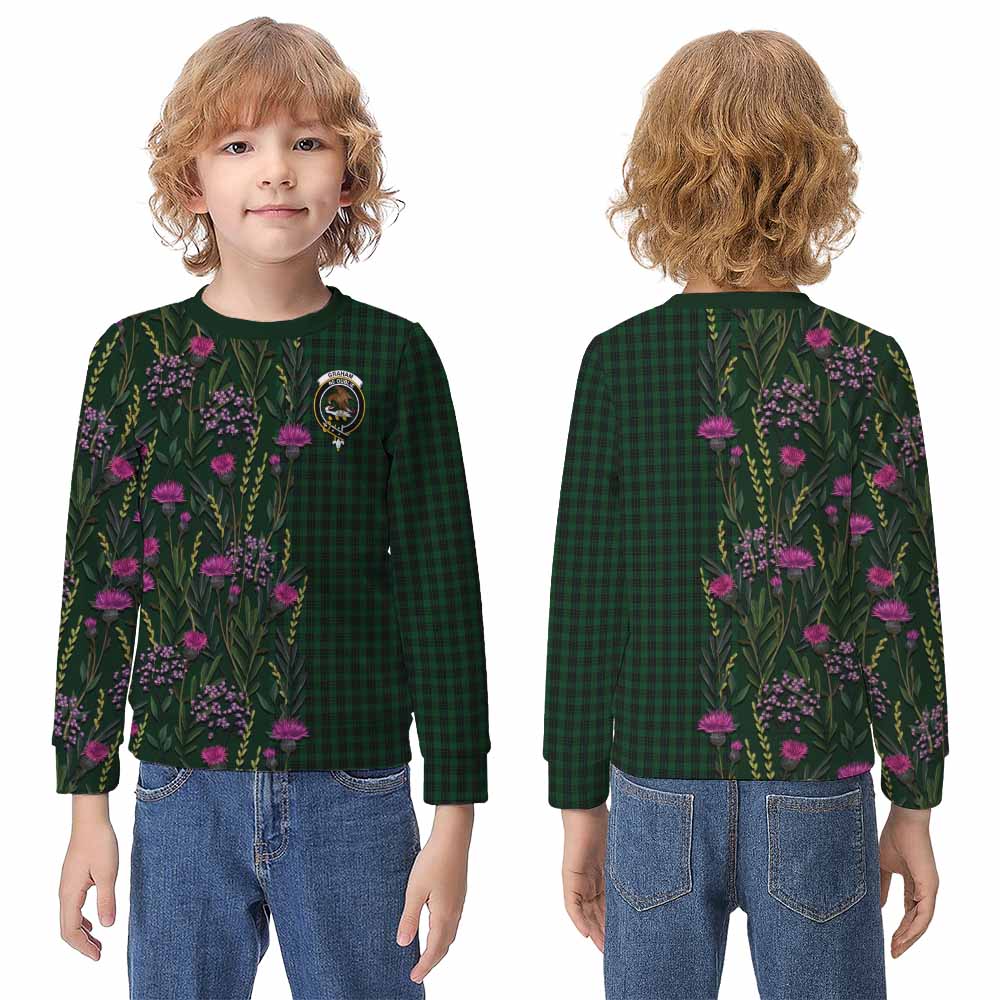 Graham Family Crest Tartan Kid Knitted Sweatshirt Scottish Thistle Flower Pattern Half Style - Tartan Vibes Clothing