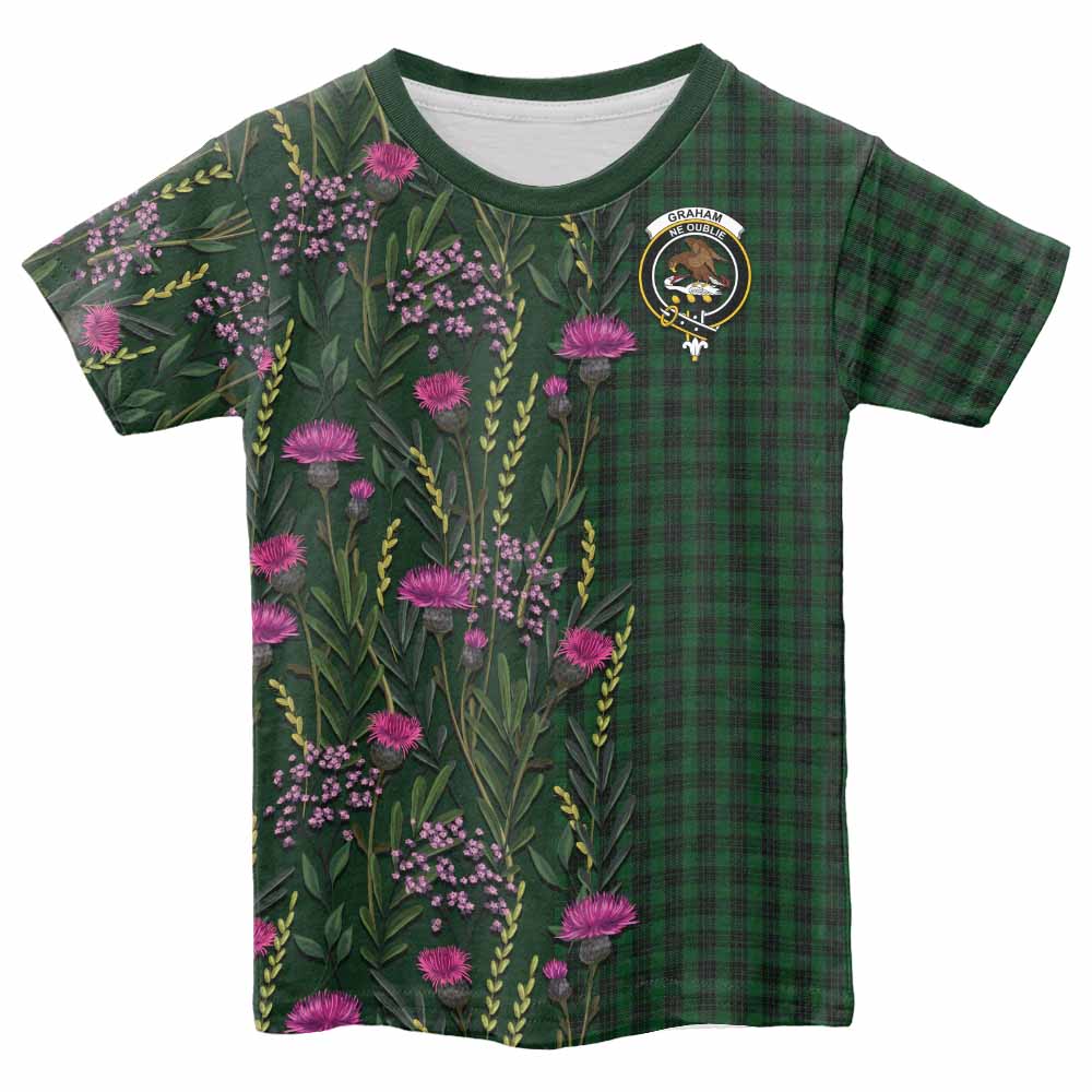 Graham Family Crest Tartan Kid T-shirt Scottish Thistle Flower Pattern Half Style - Tartan Vibes Clothing