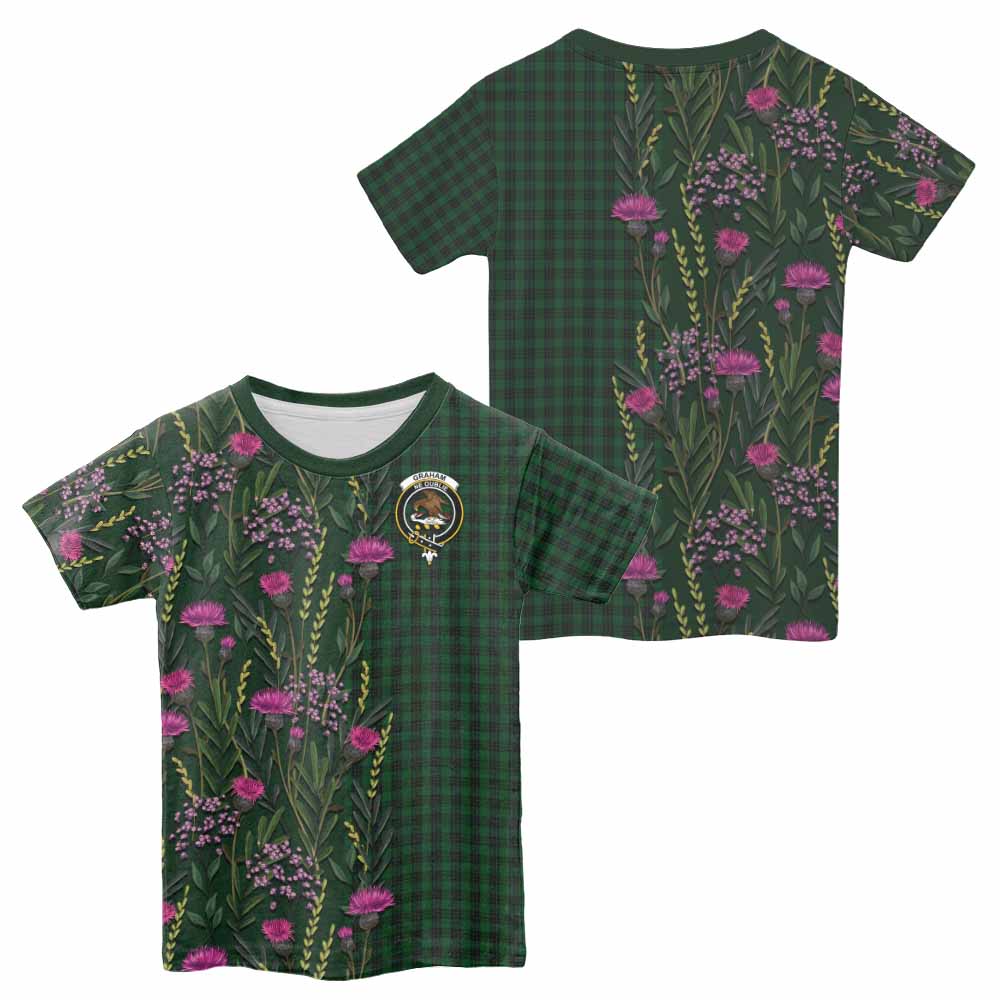 Graham Family Crest Tartan Kid T-shirt Scottish Thistle Flower Pattern Half Style - Tartan Vibes Clothing
