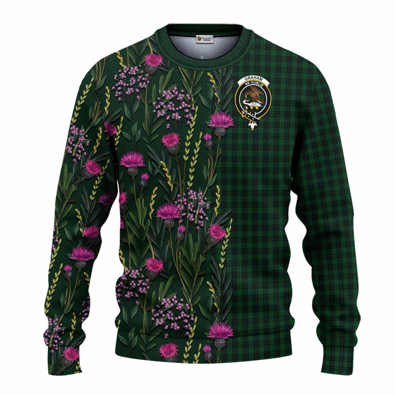 Graham Family Crest Tartan Knitted Sweater Scottish Thistle Flower Pattern Half Style - Tartan Vibes Clothing