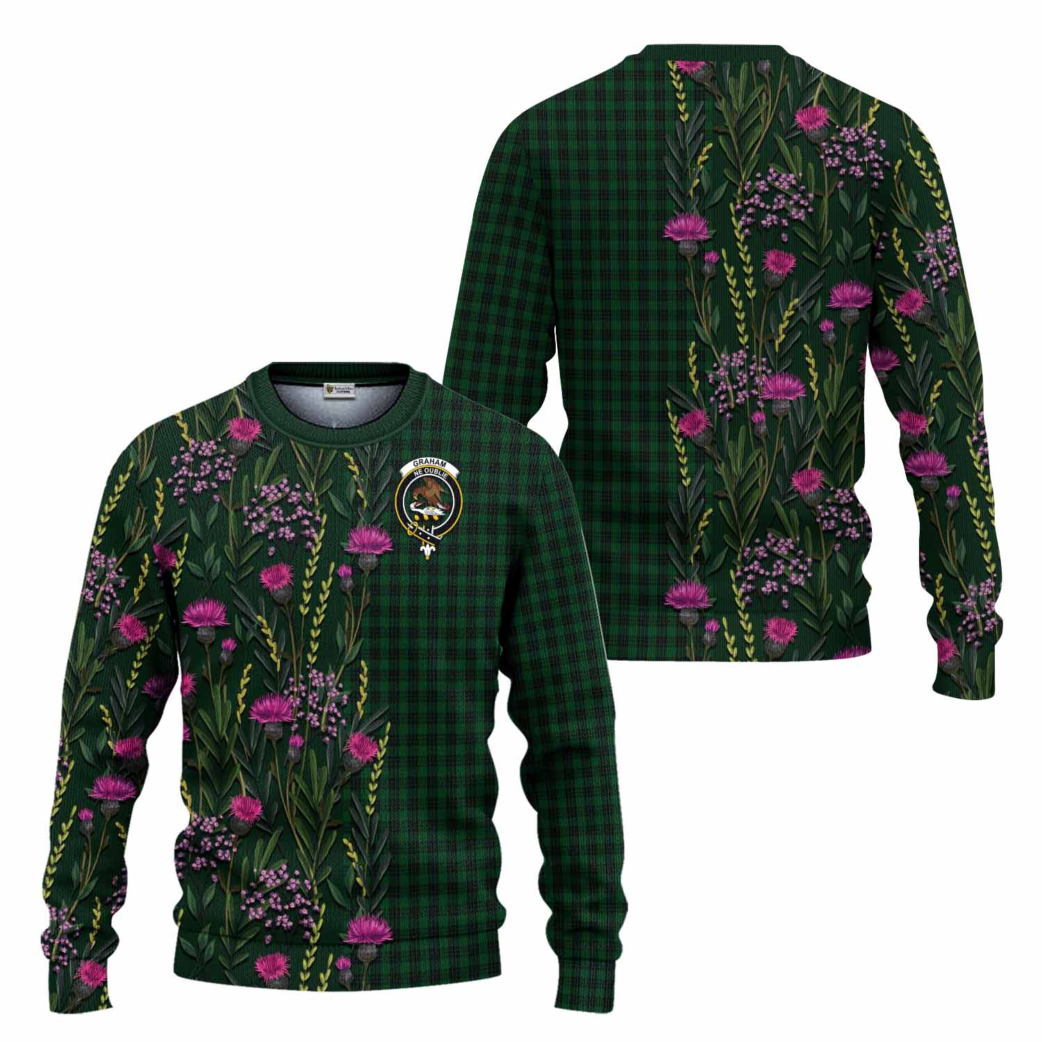 Graham Family Crest Tartan Knitted Sweater Scottish Thistle Flower Pattern Half Style - Tartan Vibes Clothing