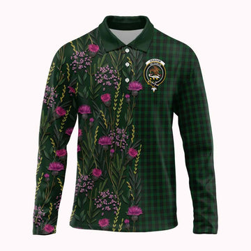 Graham Family Crest Tartan Long Sleeve Polo Shirt Scottish Thistle Flower Pattern Half Style