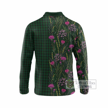Graham Family Crest Tartan Long Sleeve Polo Shirt Scottish Thistle Flower Pattern Half Style
