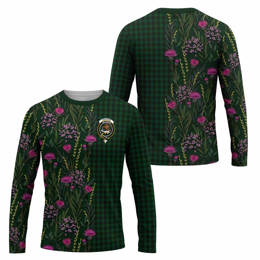 Graham Family Crest Tartan Long Sleeve T-Shirt Scottish Thistle Flower Pattern Half Style - Tartan Vibes Clothing