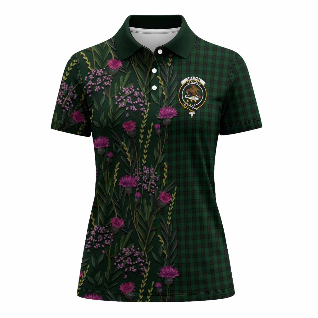 Graham Family Crest Tartan Women Polo Shirt Scottish Thistle Flower Pattern Half Style - Tartan Vibes Clothing