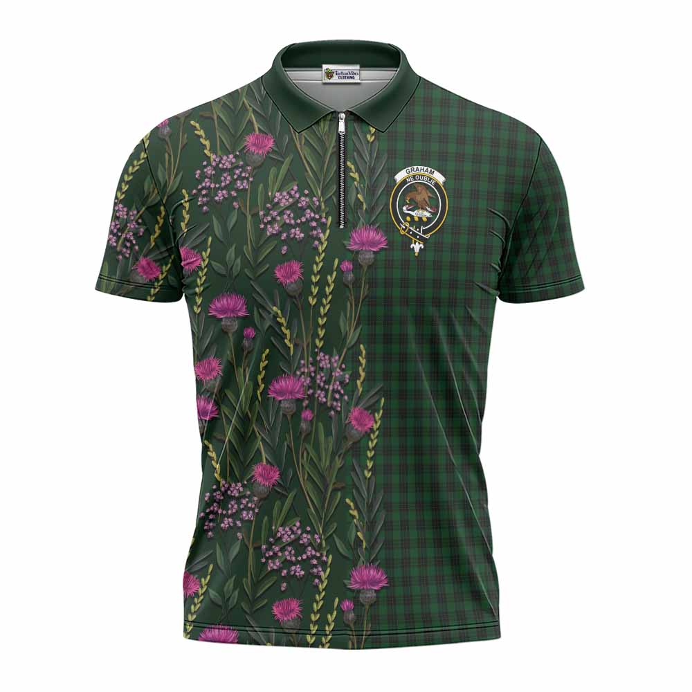 Graham Family Crest Tartan Zipper Polo Shirt Scottish Thistle Flower Pattern Half Style - Tartan Vibes Clothing