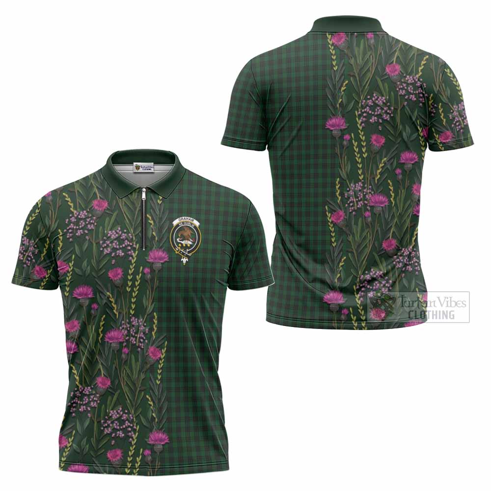 Graham Family Crest Tartan Zipper Polo Shirt Scottish Thistle Flower Pattern Half Style - Tartan Vibes Clothing