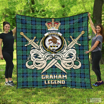 Graham of Menteith Ancient Tartan Quilt with Clan Crest and the Golden Sword of Courageous Legacy