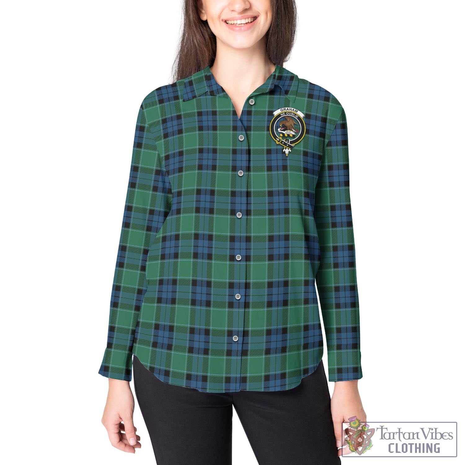 Tartan Vibes Clothing Graham of Menteith Ancient Tartan Womens Casual Shirt with Family Crest