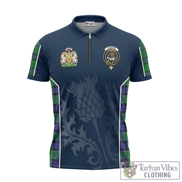 Graham of Menteith Modern Tartan Zipper Polo Shirt with Family Crest and Scottish Thistle Vibes Sport Style