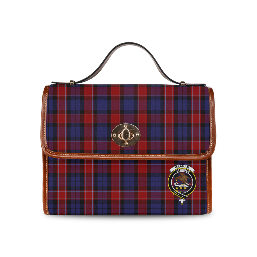 graham-of-menteith-red-tartan-leather-strap-waterproof-canvas-bag-with-family-crest