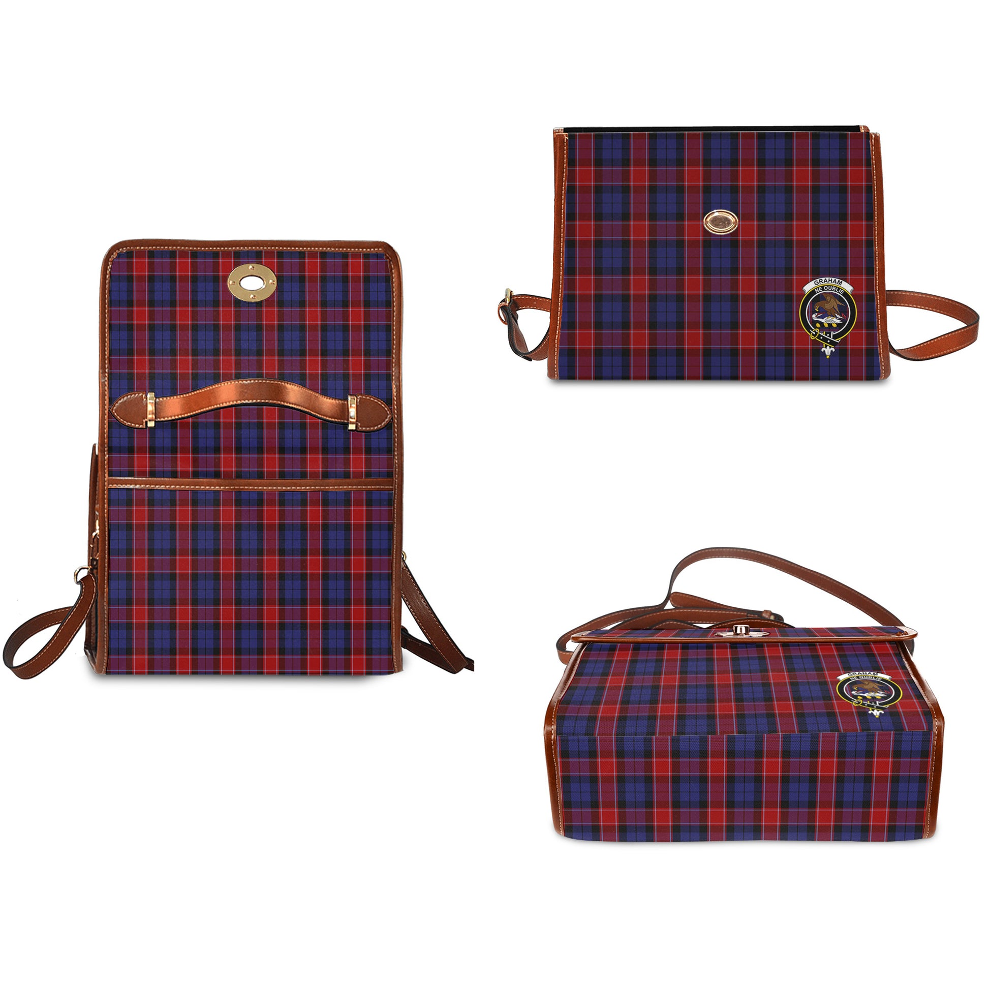 graham-of-menteith-red-tartan-leather-strap-waterproof-canvas-bag-with-family-crest