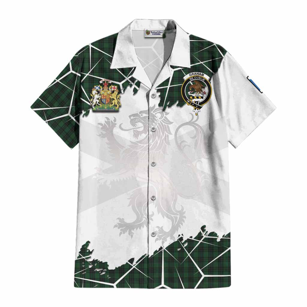 Graham Tartan Cotton Hawaiian Shirt with Family Crest and Lion Rampant Grunge Style