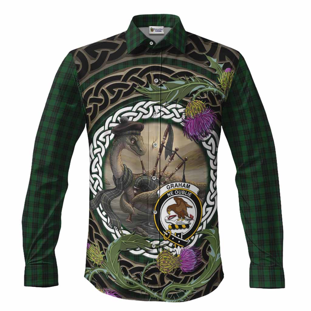 Graham Tartan Crest Bagpipe Nessie Long Sleeve Button Shirts Scottish Loch Ness Monster Celtic Thistle