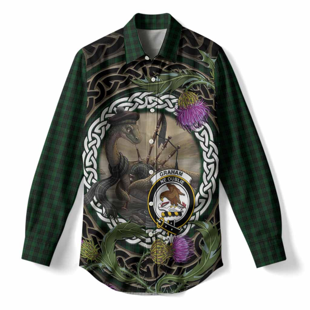 Graham Tartan Crest Bagpipe Nessie Women Casual Shirt Scottish Loch Ness Monster Celtic Thistle