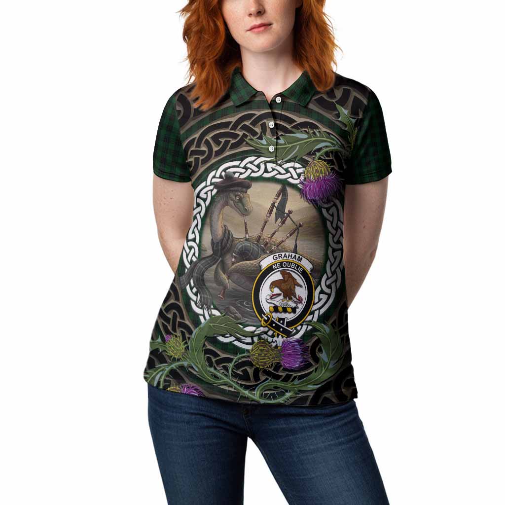 Graham Tartan Crest Bagpipe Nessie Women Polo Shirt Scottish Loch Ness Monster Celtic Thistle