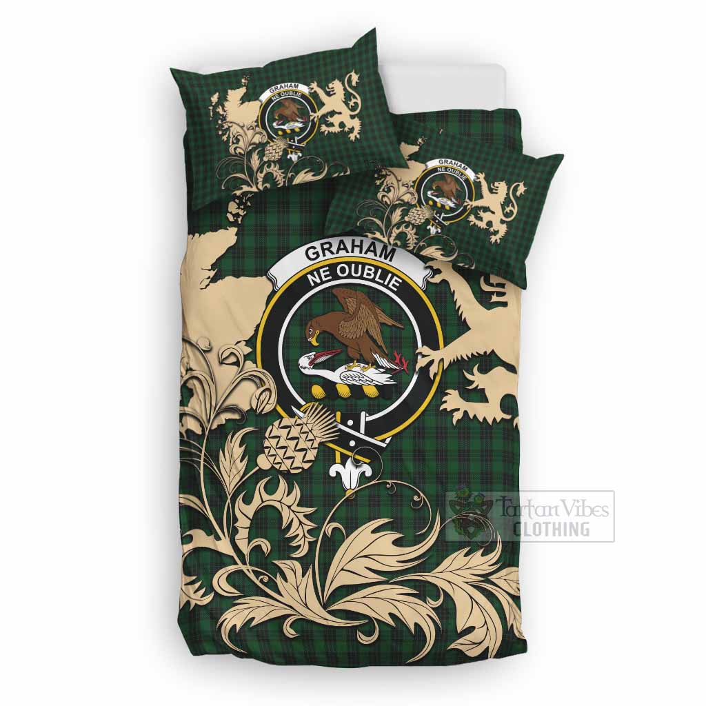 Graham Tartan Crest Bedding Set with Scottish Iconic Symbols 