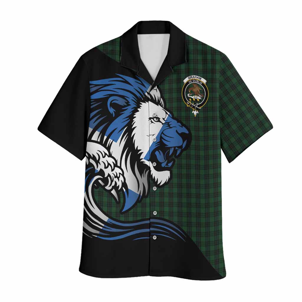 Graham Tartan Crest Hawaiian Shirt Scottish Golden Lions Wave Flow