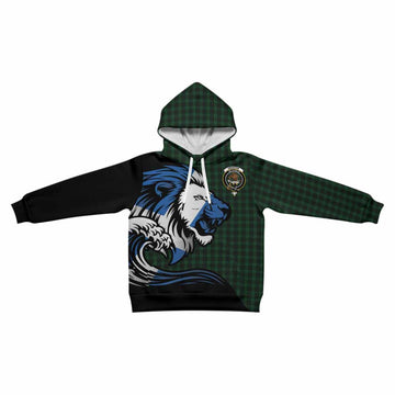 Graham Tartan Crest Kid Hoodie Scottish Golden Lions Wave Flow