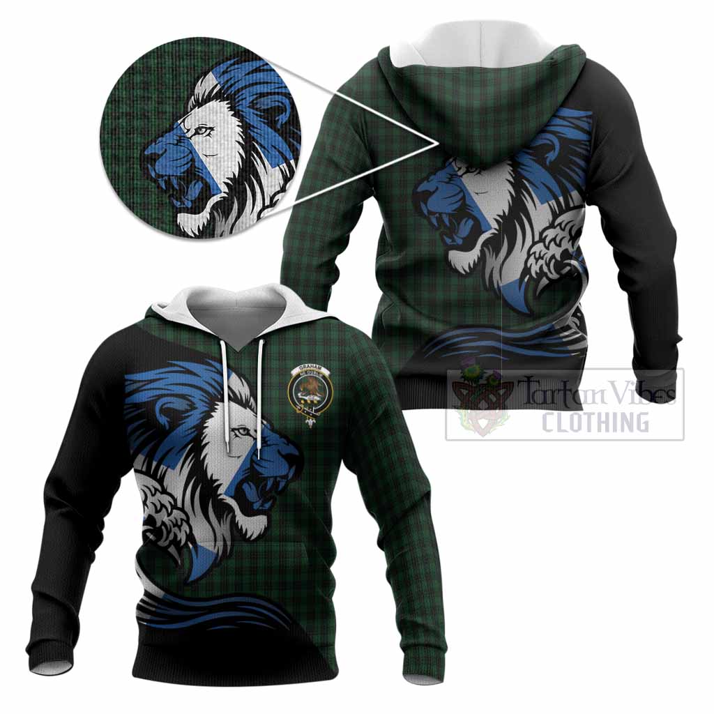 Graham Tartan Crest Knitted Hoodie Scottish Golden Lions Wave Flow