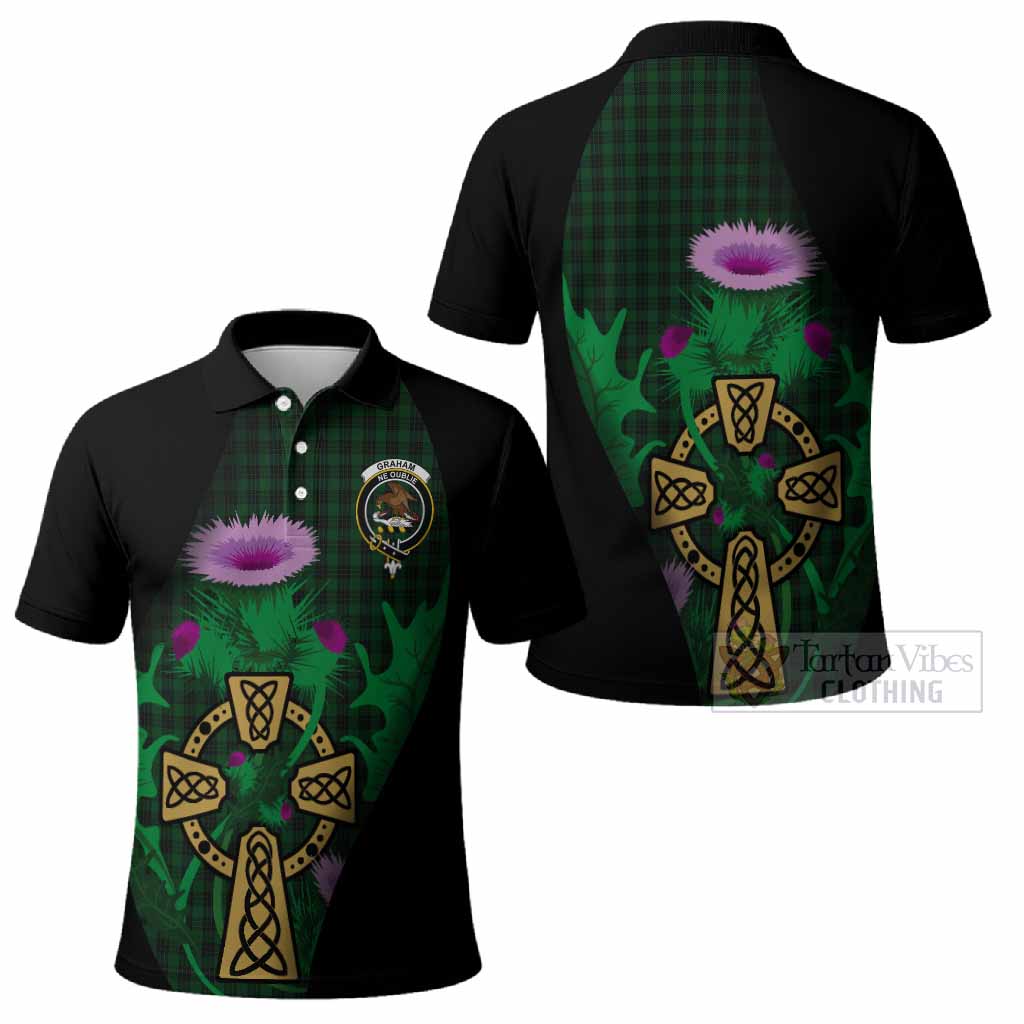Graham Tartan Crest Polo Shirt Celtic Cross Thistle Flowers