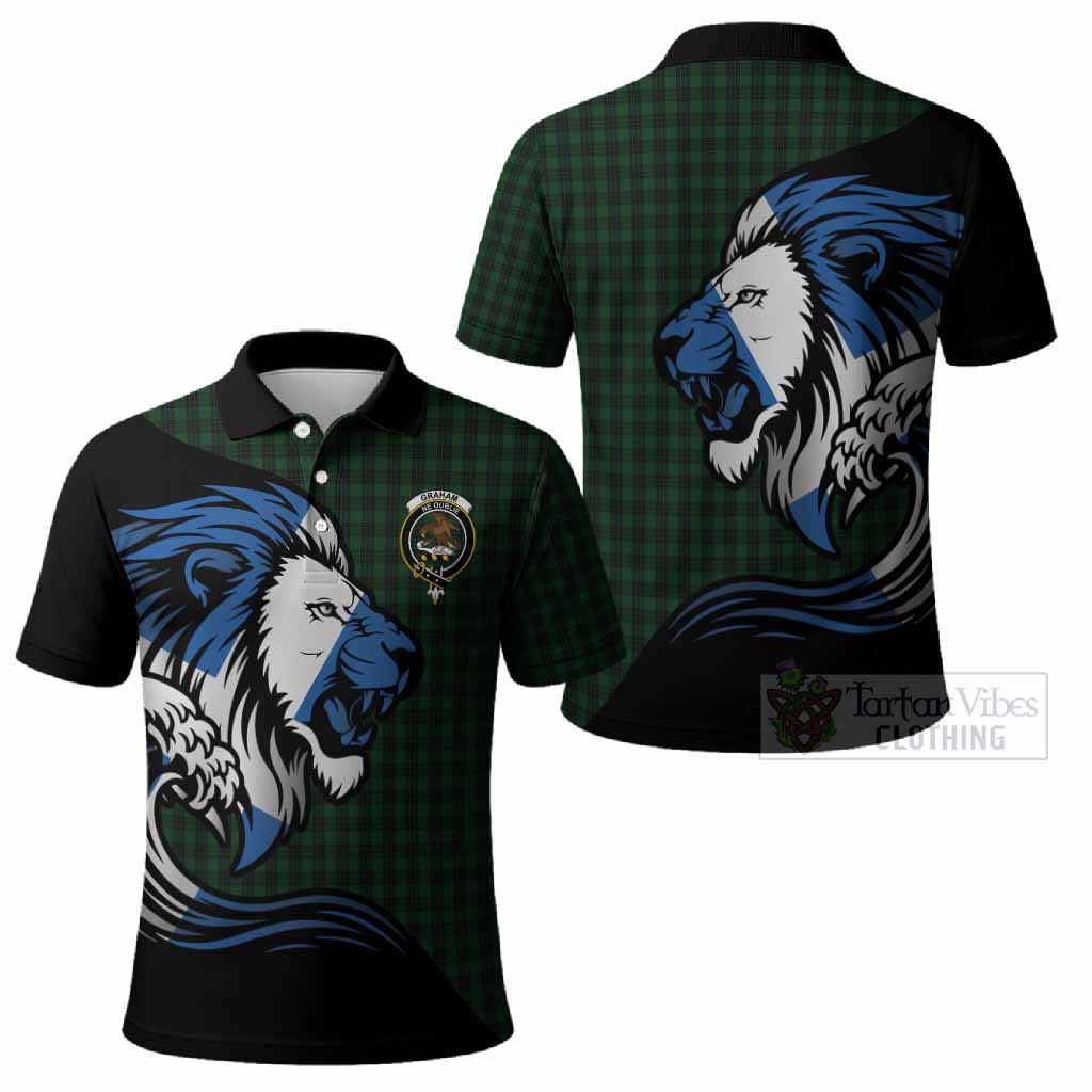 Graham Tartan Crest Polo Shirt Scottish Golden Lions Wave Flow