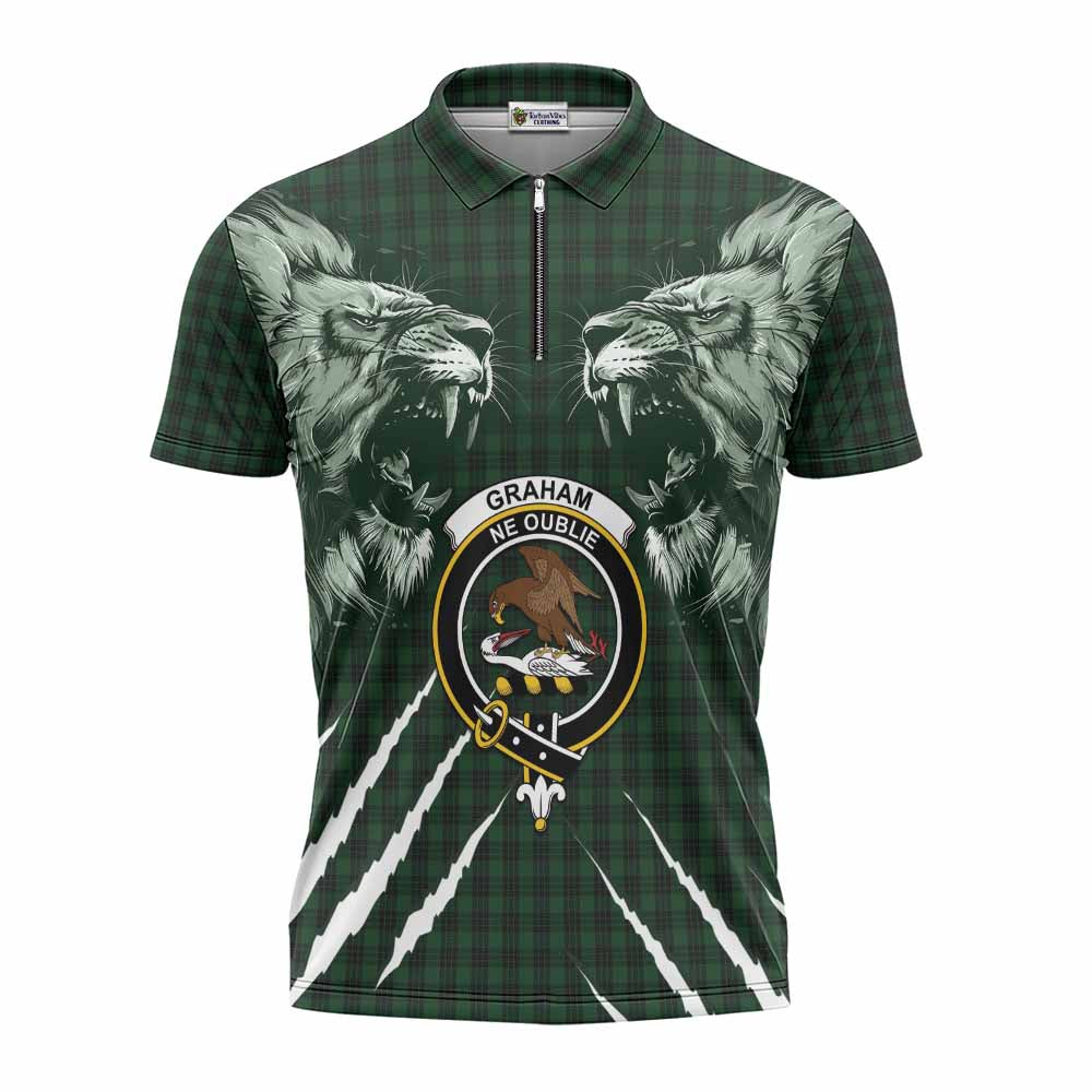 Graham Tartan Crest Zipper Polo Shirt Ferocious Lion Style
