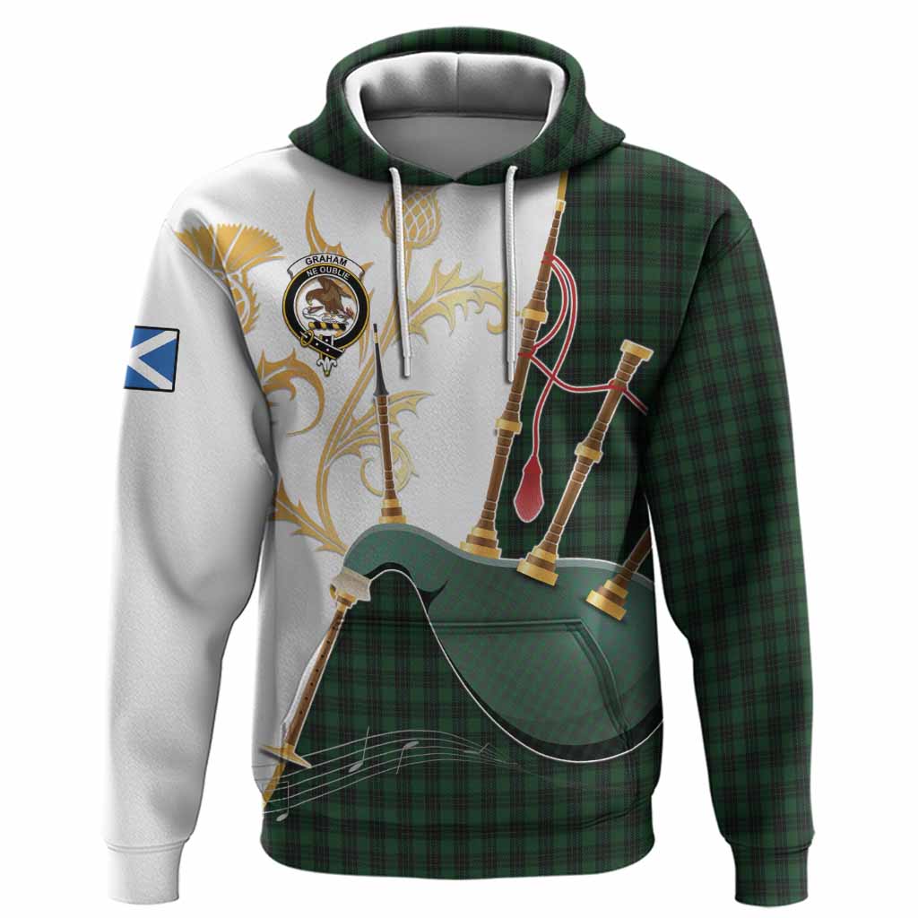 Graham Tartan Family Crest Hoodie Bagpipes with Scottish Thistle