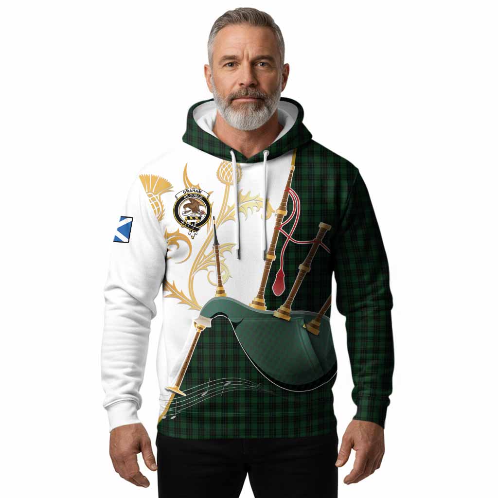 Graham Tartan Family Crest Hoodie Bagpipes with Scottish Thistle