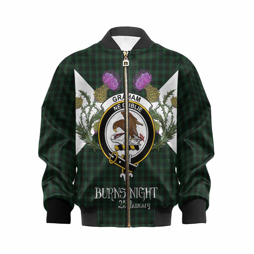 Graham Tartan Family Crest Kid Bomber Jacket Scottish Burns Night Thistle Floral