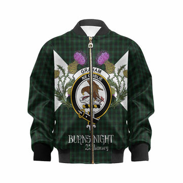 Graham Tartan Family Crest Kid Bomber Jacket Scottish Burns Night Thistle Floral