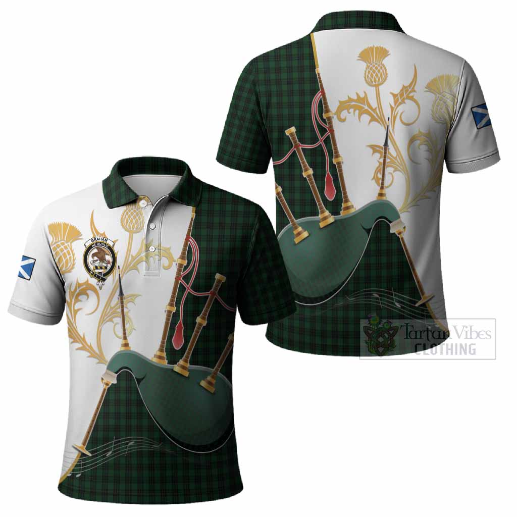 Graham Tartan Family Crest Polo Shirt Bagpipes with Scottish Thistle