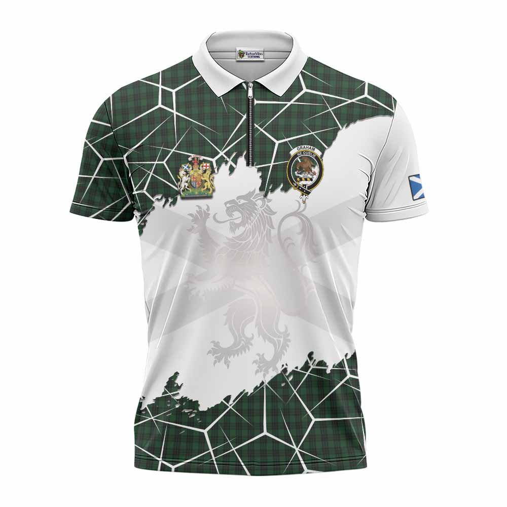 Graham Tartan Zipper Polo Shirt with Family Crest and Lion Rampant Grunge Style