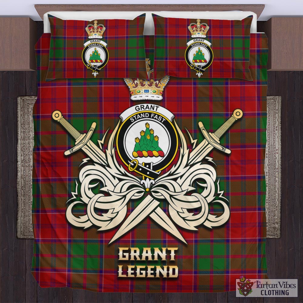 Tartan Vibes Clothing Grant Tartan Bedding Set with Clan Crest and the Golden Sword of Courageous Legacy