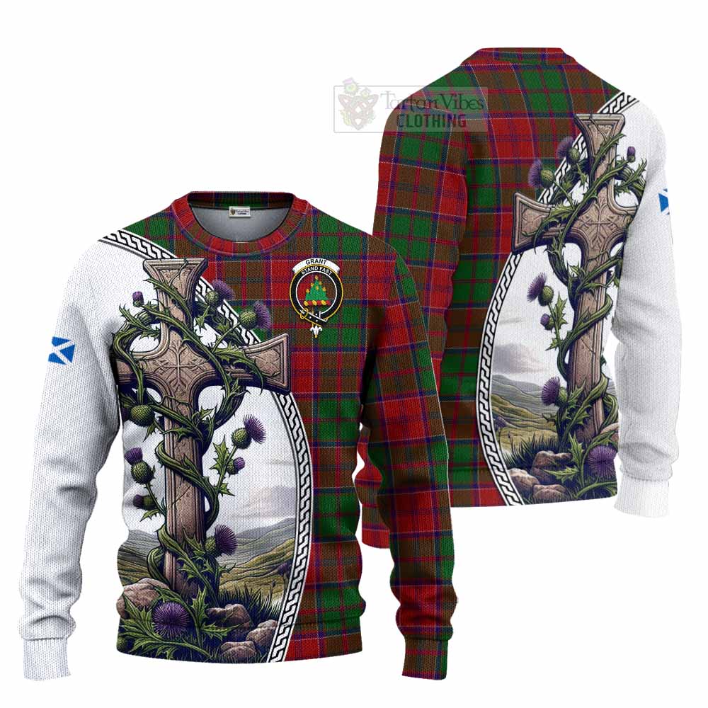 Tartan Vibes Clothing Grant Tartan Knitted Sweater with Family Crest and St. Andrew's Cross Accented by Thistle Vines