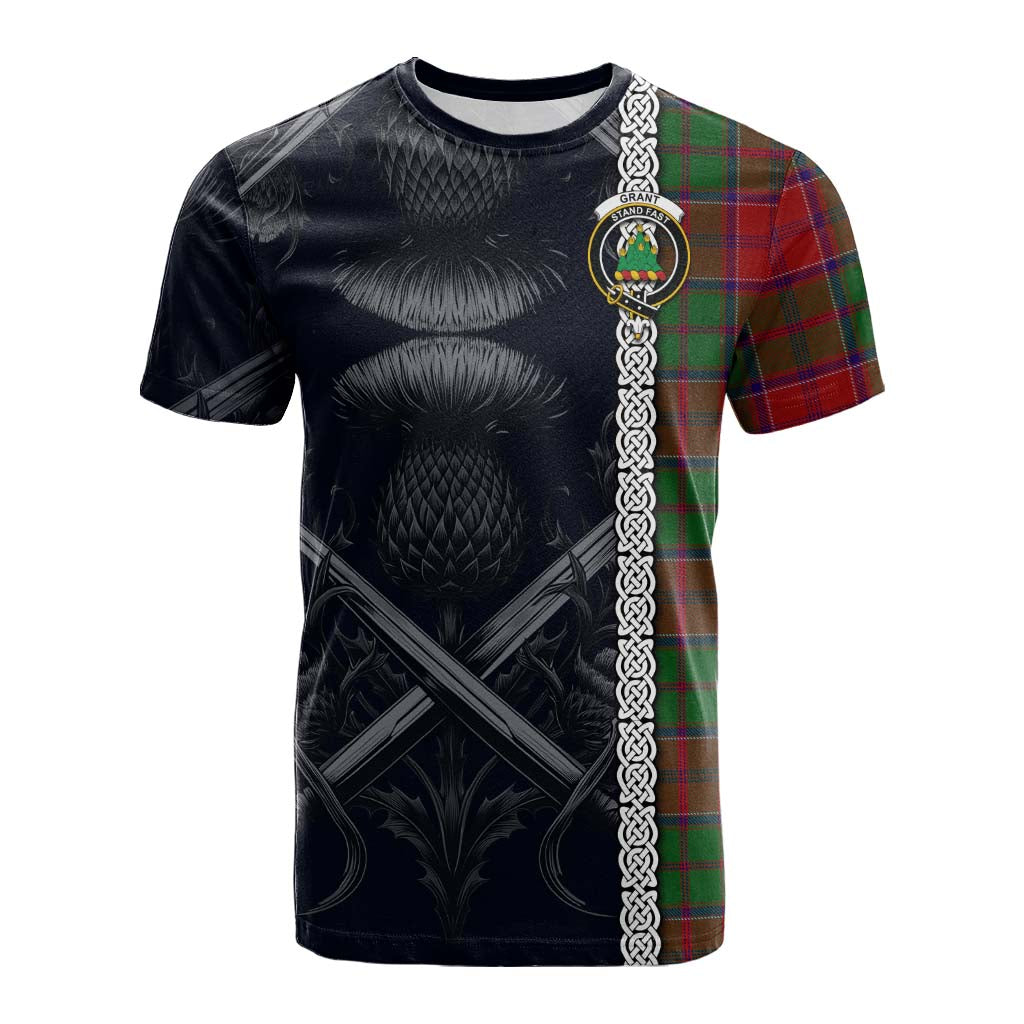 Tartan Vibes Clothing Grant Tartan Cotton T-shirt with Family Crest Cross Sword Thistle Celtic Vibes