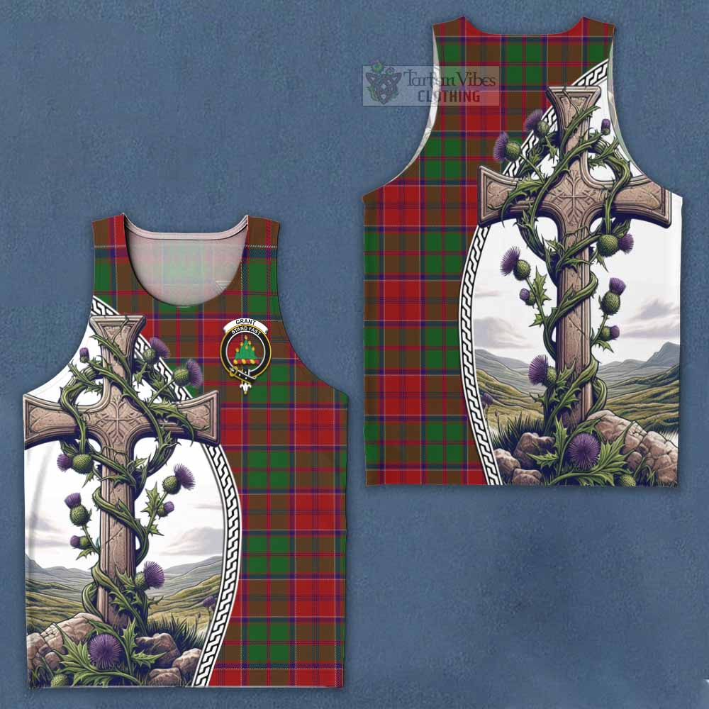 Tartan Vibes Clothing Grant Tartan Men's Tank Top with Family Crest and St. Andrew's Cross Accented by Thistle Vines